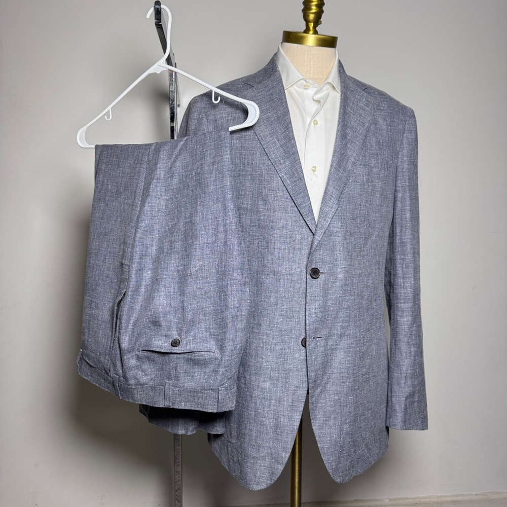 Suitsupply Suit Mens 46L W38 Blue Solid Silk Linen Wool Piacenza Biella HL Slim